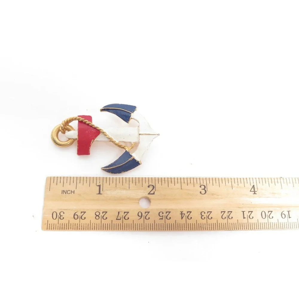 Vintage Signed LJM Red White Blue Enamel Anchor Gold‎ Plated Brooch Pin Pendant